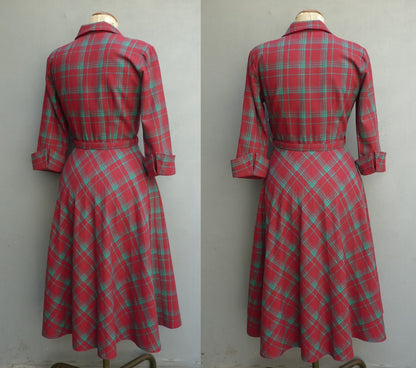 Superb Original 1940s Wool Dress Red Green Plaid Checked 40s UK S