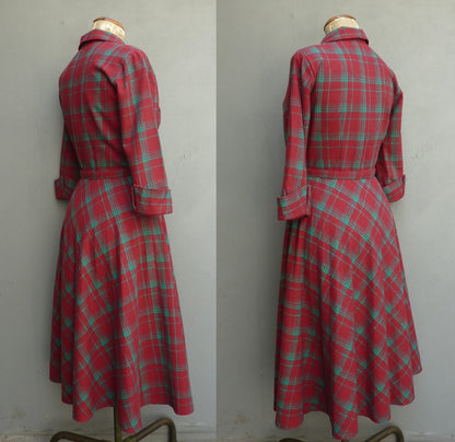 Superb Original 1940s Wool Dress Red Green Plaid Checked 40s UK S