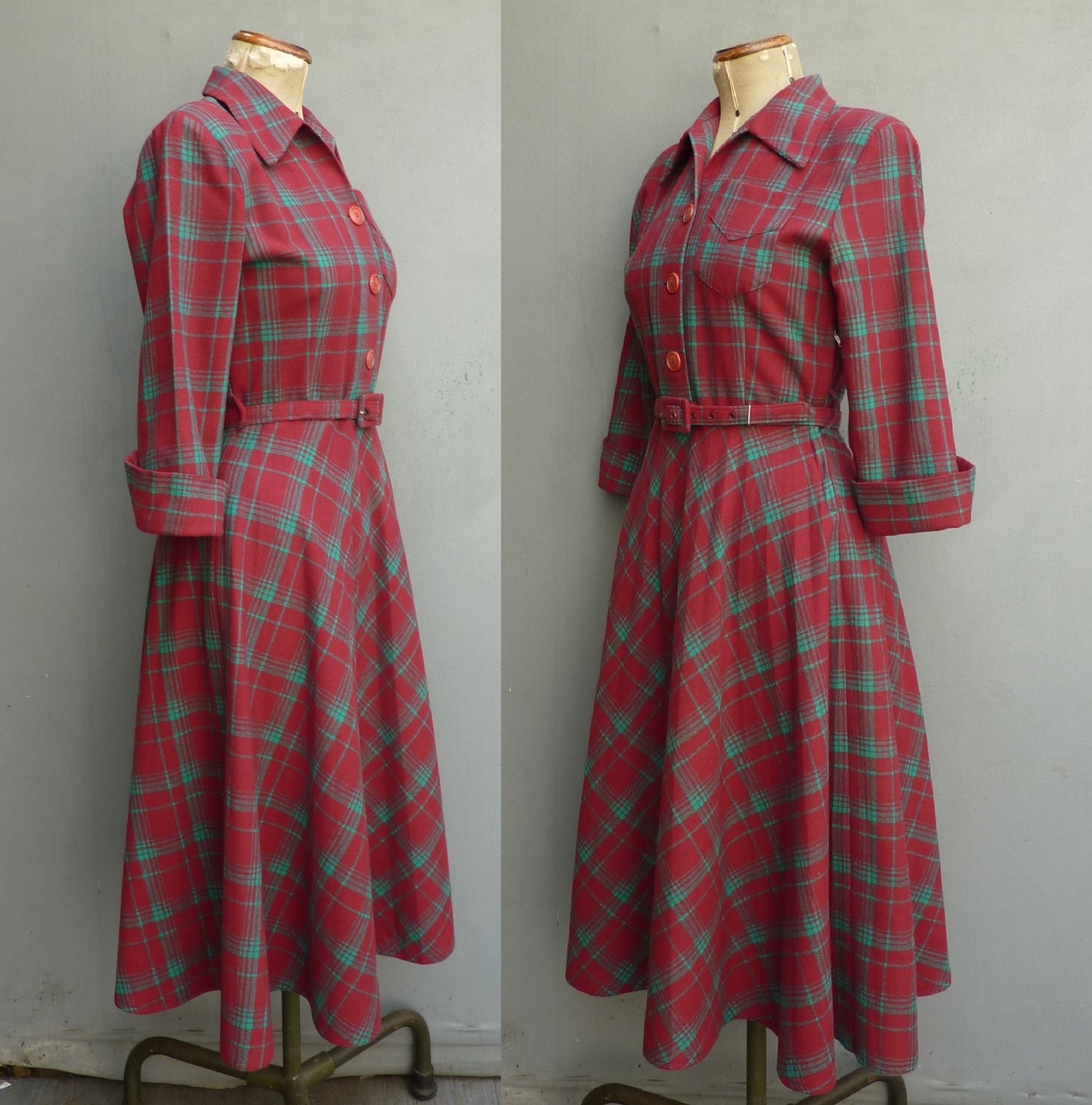 Superb Original 1940s Wool Dress Red Green Plaid Checked 40s UK S