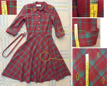 Superb Original 1940s Wool Dress Red Green Plaid Checked 40s UK S