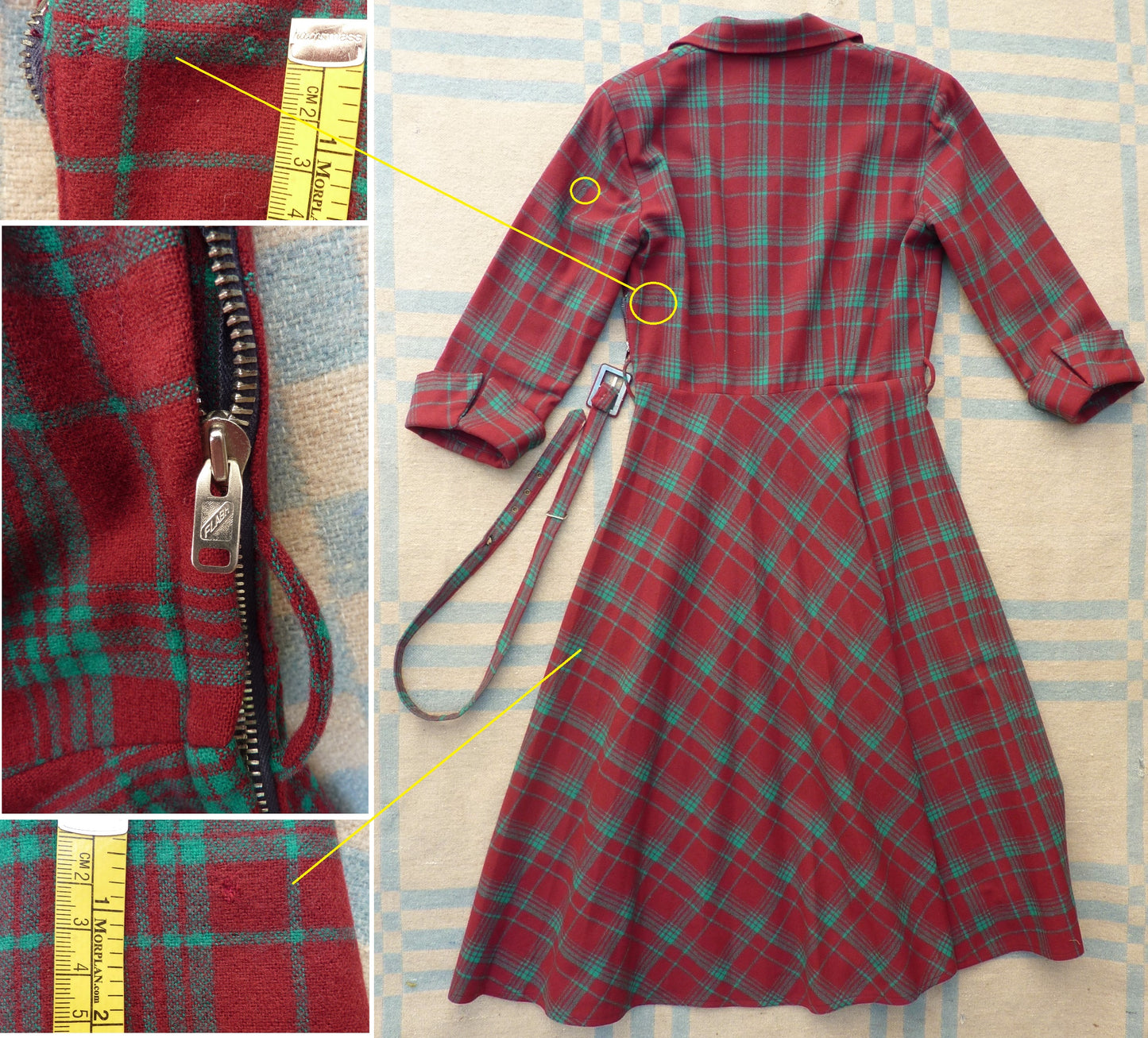 Superb Original 1940s Wool Dress Red Green Plaid Checked 40s UK S