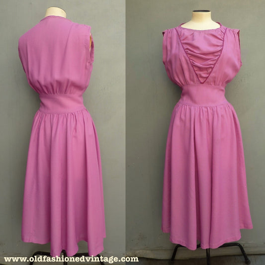 Vintage 1940s Handmade Dress Fuchsia Pink Rayon Embroidered UK XS