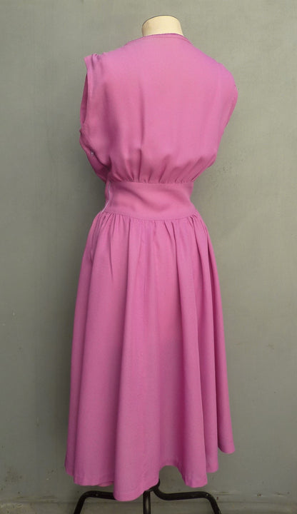 Vintage 1940s Handmade Dress Fuchsia Pink Rayon Embroidered UK XS