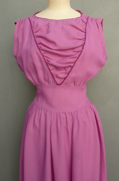 Vintage 1940s Handmade Dress Fuchsia Pink Rayon Embroidered UK XS