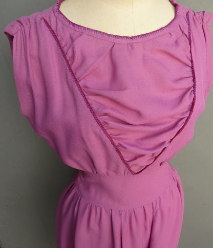 Vintage 1940s Handmade Dress Fuchsia Pink Rayon Embroidered UK XS