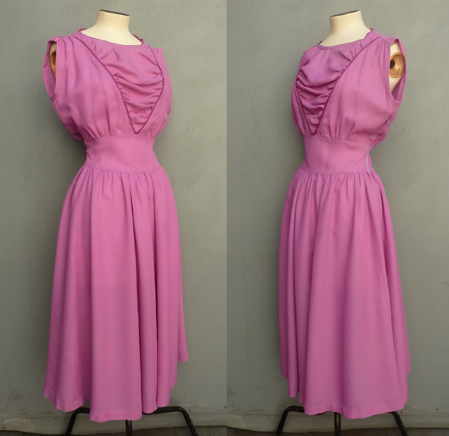 Vintage 1940s Handmade Dress Fuchsia Pink Rayon Embroidered UK XS