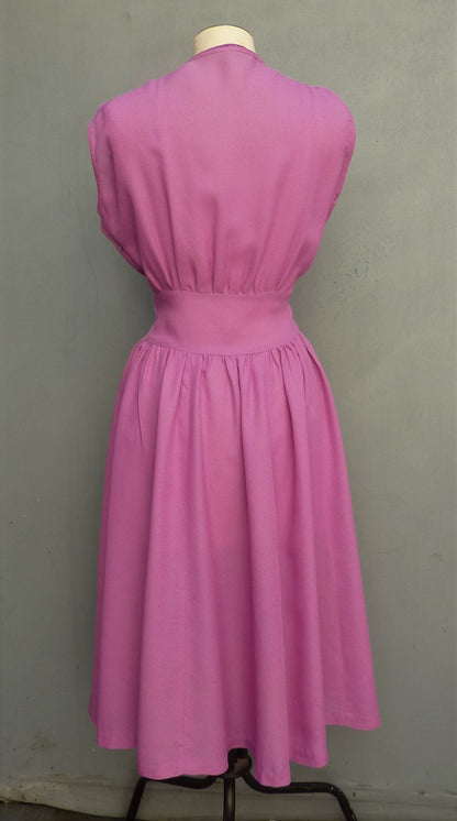 Vintage 1940s Handmade Dress Fuchsia Pink Rayon Embroidered UK XS