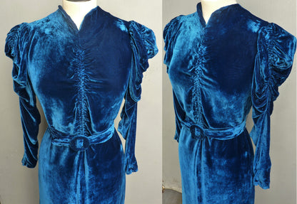 Exquisite Original Vintage 1930s Dress Sapphire Blue Velvet Bias Evening Gown UK XS