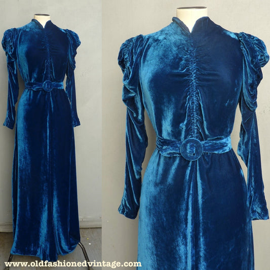 Exquisite Original Vintage 1930s Dress Sapphire Blue Velvet Bias Evening Gown UK XS