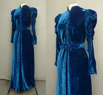 Exquisite Original Vintage 1930s Dress Sapphire Blue Velvet Bias Evening Gown UK XS