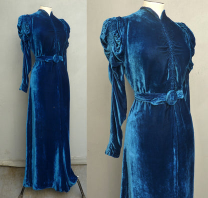 Exquisite Original Vintage 1930s Dress Sapphire Blue Velvet Bias Evening Gown UK XS