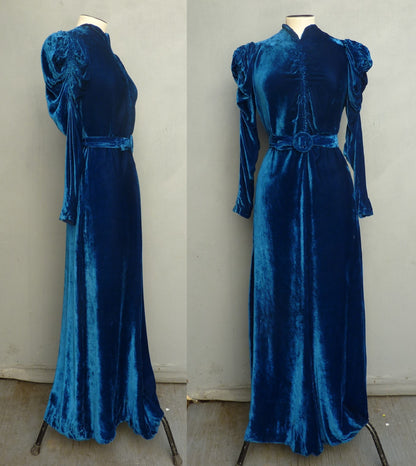 Exquisite Original Vintage 1930s Dress Sapphire Blue Velvet Bias Evening Gown UK XS