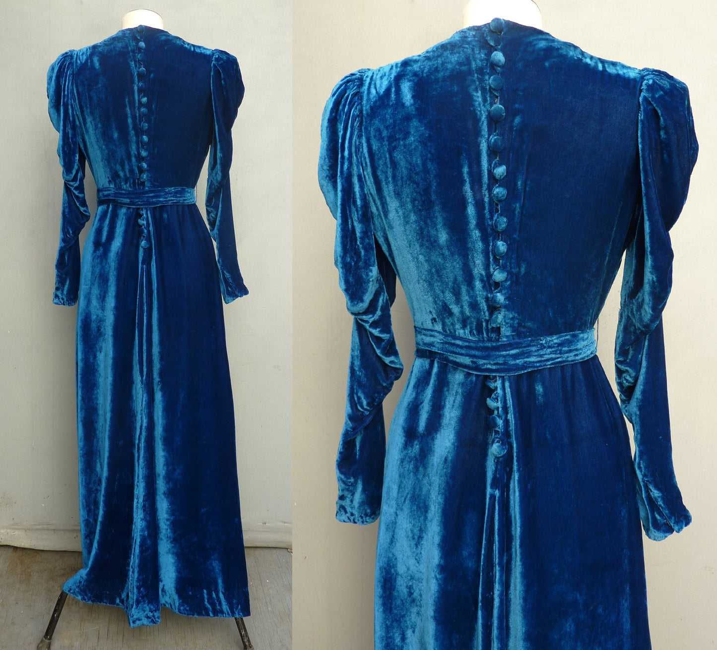 Exquisite Original Vintage 1930s Dress Sapphire Blue Velvet Bias Evening Gown UK XS