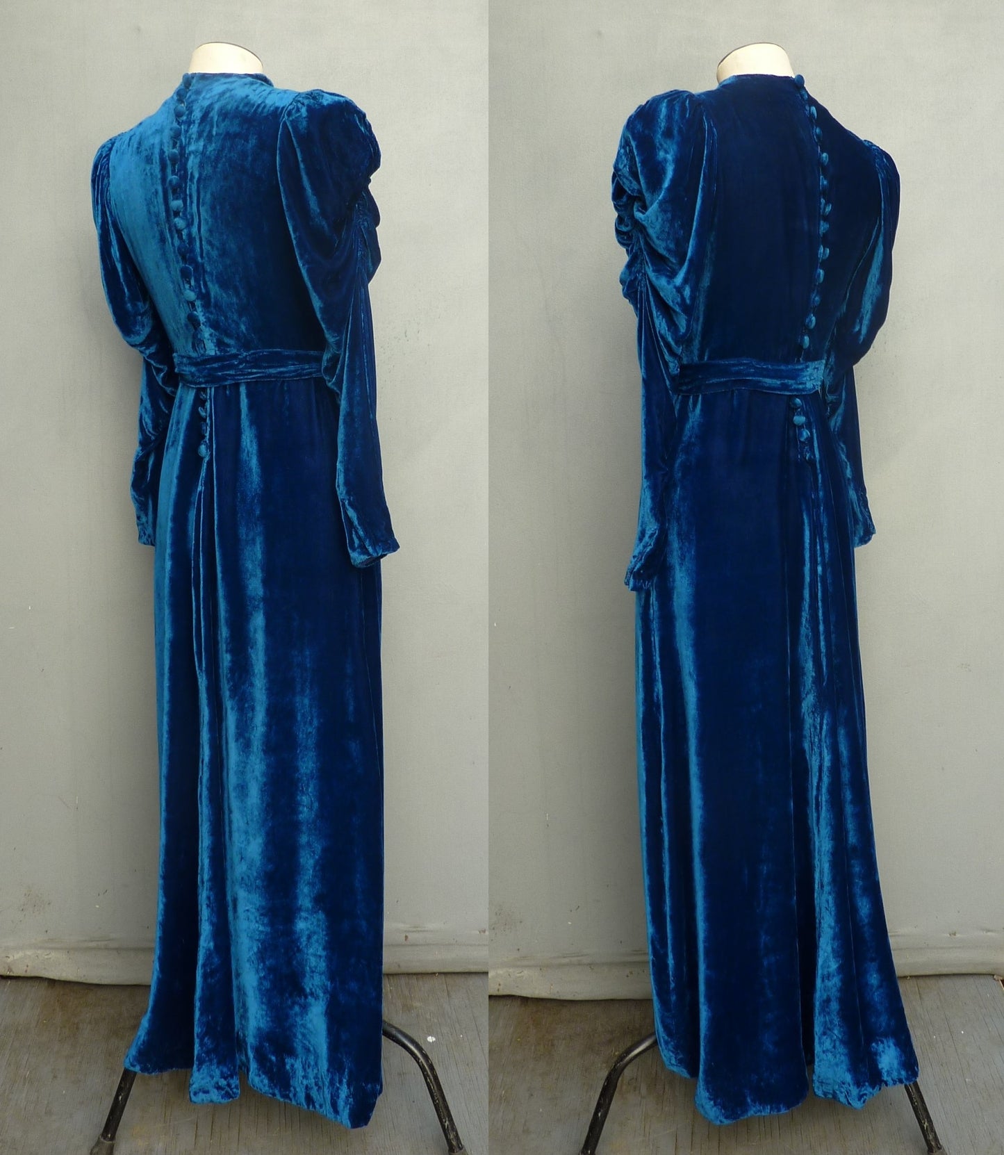 Exquisite Original Vintage 1930s Dress Sapphire Blue Velvet Bias Evening Gown UK XS