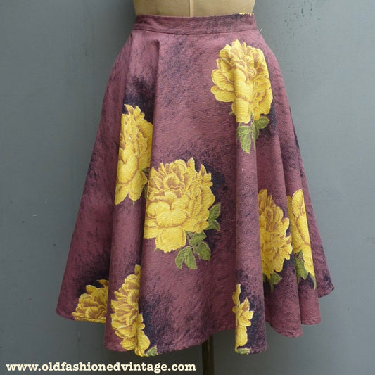 Super Original Vintage 1950s Circle Skirt Bold Floral Rose Print Barkcloth Bark Cloth UK S