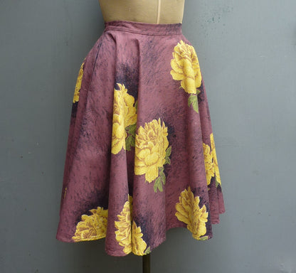 Super Original Vintage 1950s Circle Skirt Bold Floral Rose Print Barkcloth Bark Cloth UK S