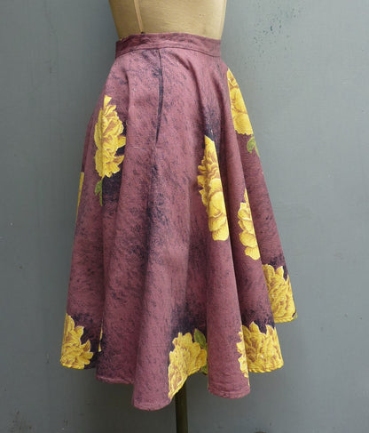 Super Original Vintage 1950s Circle Skirt Bold Floral Rose Print Barkcloth Bark Cloth UK S