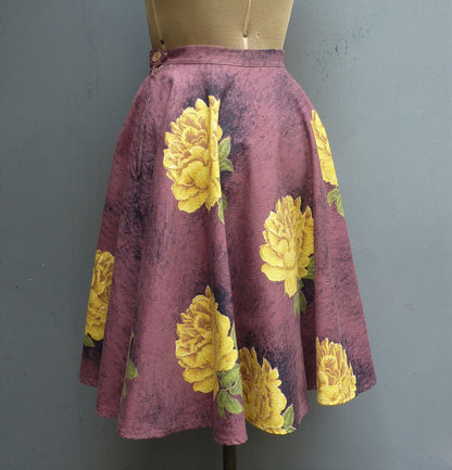 Super Original Vintage 1950s Circle Skirt Bold Floral Rose Print Barkcloth Bark Cloth UK S