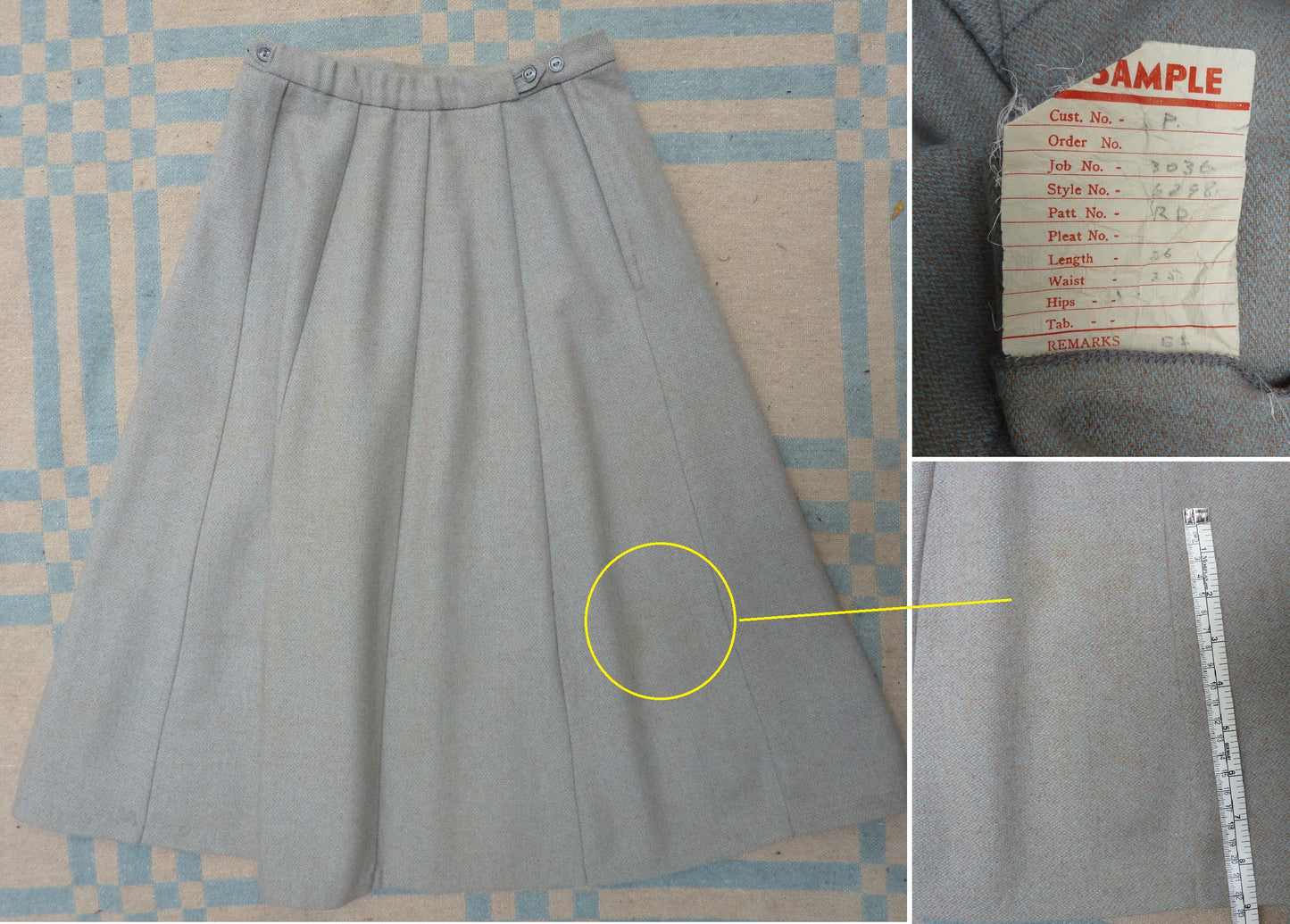 Vintage 1950s Skirt Pale Blue Wool High Waist Flared 1940s 40s 50s Waist 23-24" UK XXS