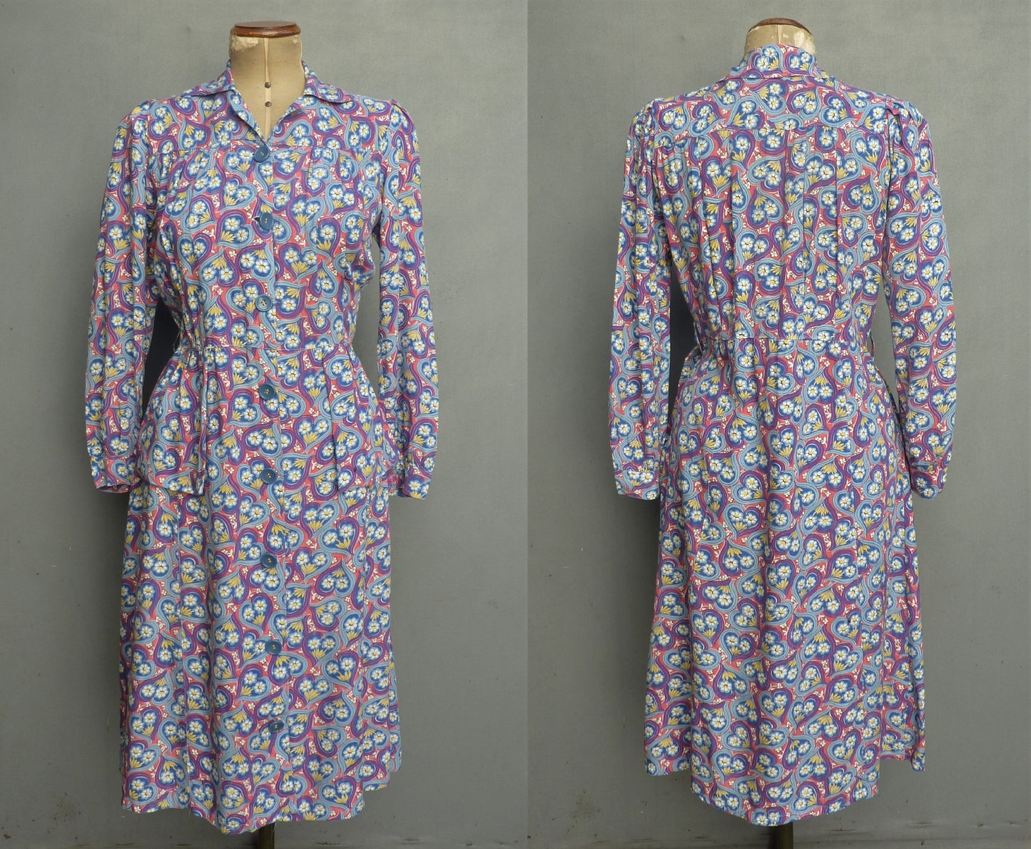 Vintage CC41 1940s Novelty Print Shirt Dress Utility Hearts & Flowers UK M/L