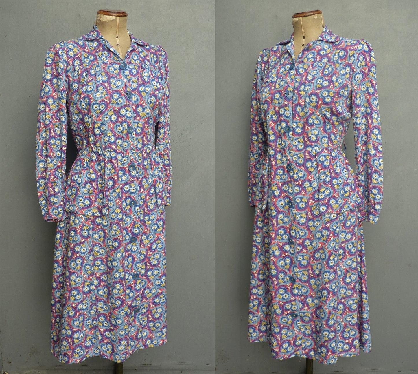 Vintage CC41 1940s Novelty Print Shirt Dress Utility Hearts & Flowers UK M/L