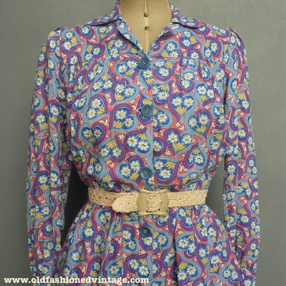 Vintage CC41 1940s Novelty Print Shirt Dress Utility Hearts & Flowers UK M/L