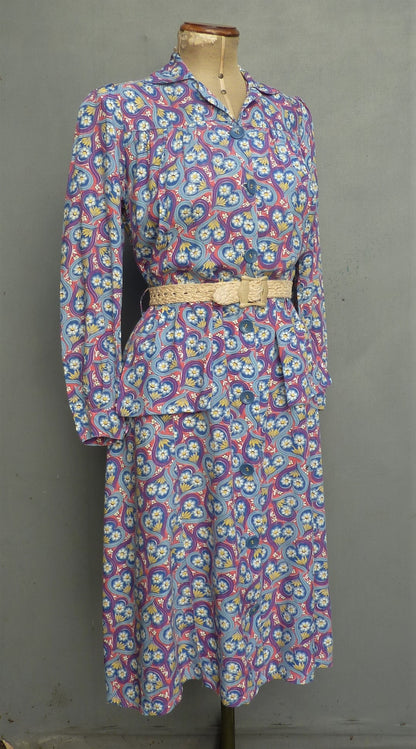 Vintage CC41 1940s Novelty Print Shirt Dress Utility Hearts & Flowers UK M/L