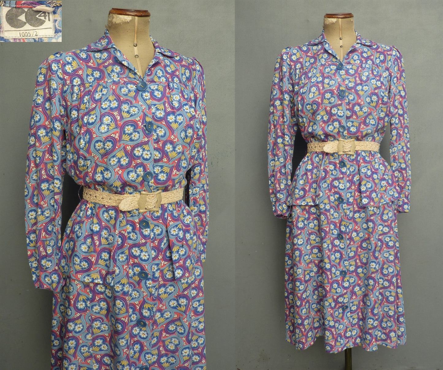 Vintage CC41 1940s Novelty Print Shirt Dress Utility Hearts & Flowers UK M/L