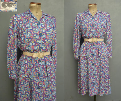 Vintage CC41 1940s Novelty Print Shirt Dress Utility Hearts & Flowers UK M/L