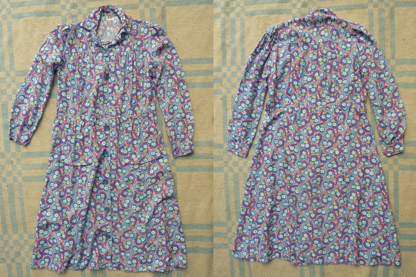 Vintage CC41 1940s Novelty Print Shirt Dress Utility Hearts & Flowers UK M/L