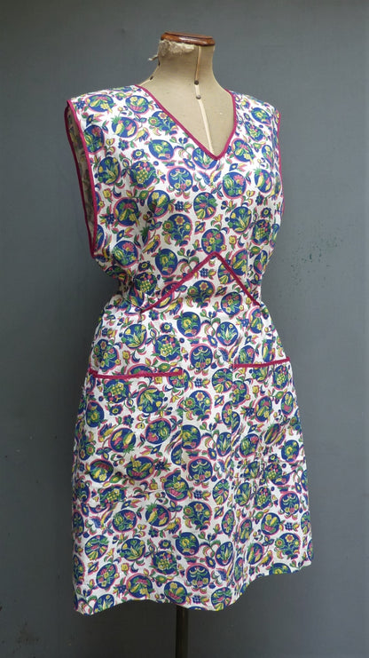 Vintage 1940s Overall Smock Pinafore Full Apron Novelty Print Pinny Sun Dress UK XL