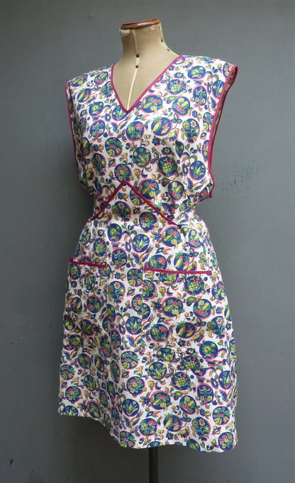 Vintage 1940s Overall Smock Pinafore Full Apron Novelty Print Pinny Sun Dress UK XL