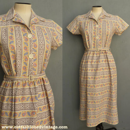 Vintage 1940s Shirt Waister Dress Novelty Paisley Floral Yellow Brown Print UK XS