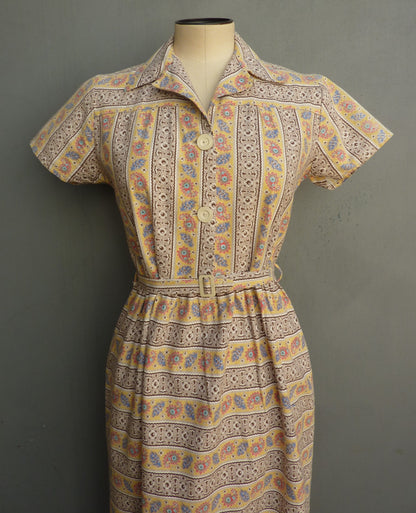 Vintage 1940s Shirt Waister Dress Novelty Paisley Floral Yellow Brown Print UK XS