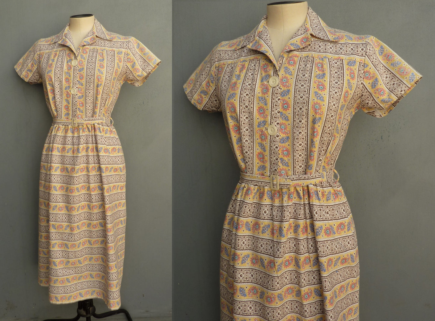 Vintage 1940s Shirt Waister Dress Novelty Paisley Floral Yellow Brown Print UK XS