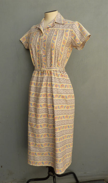 Vintage 1940s Shirt Waister Dress Novelty Paisley Floral Yellow Brown Print UK XS