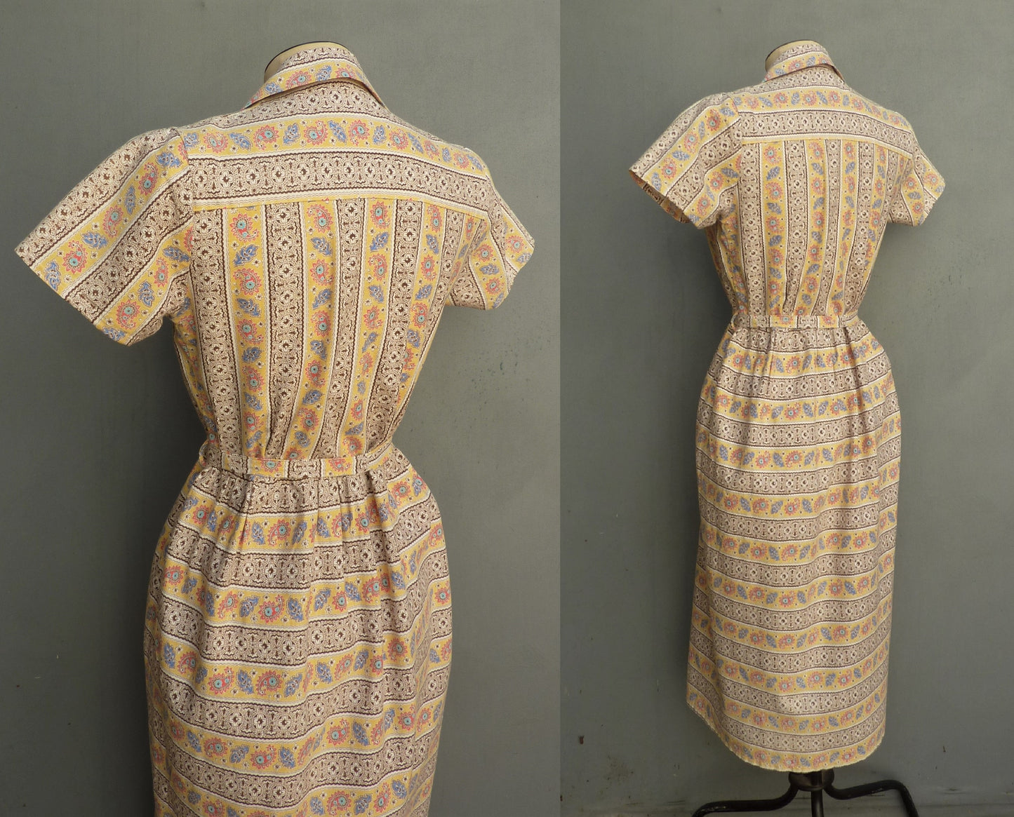 Vintage 1940s Shirt Waister Dress Novelty Paisley Floral Yellow Brown Print UK XS