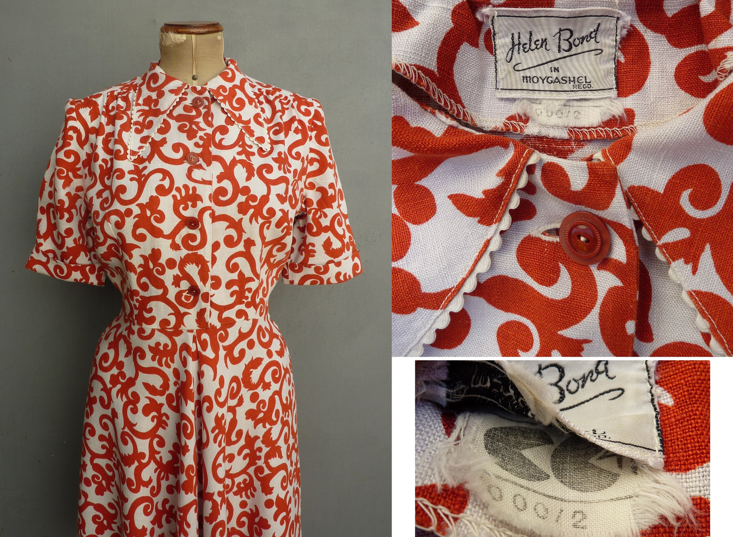 Vintage 1940s CC41 Shirtwaister Dress Orange White Novelty Print UK S/M