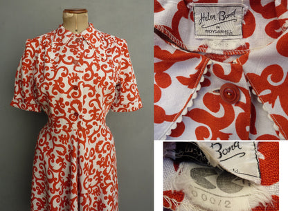 Vintage 1940s CC41 Shirtwaister Dress Orange White Novelty Print UK S/M