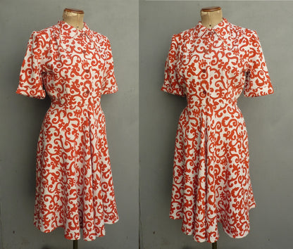 Vintage 1940s CC41 Shirtwaister Dress Orange White Novelty Print UK S/M