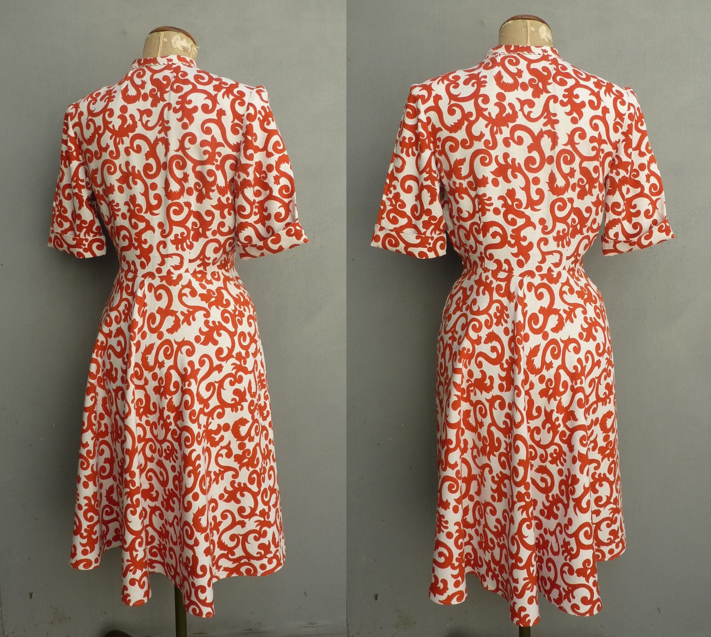 Vintage 1940s CC41 Shirtwaister Dress Orange White Novelty Print UK S/M