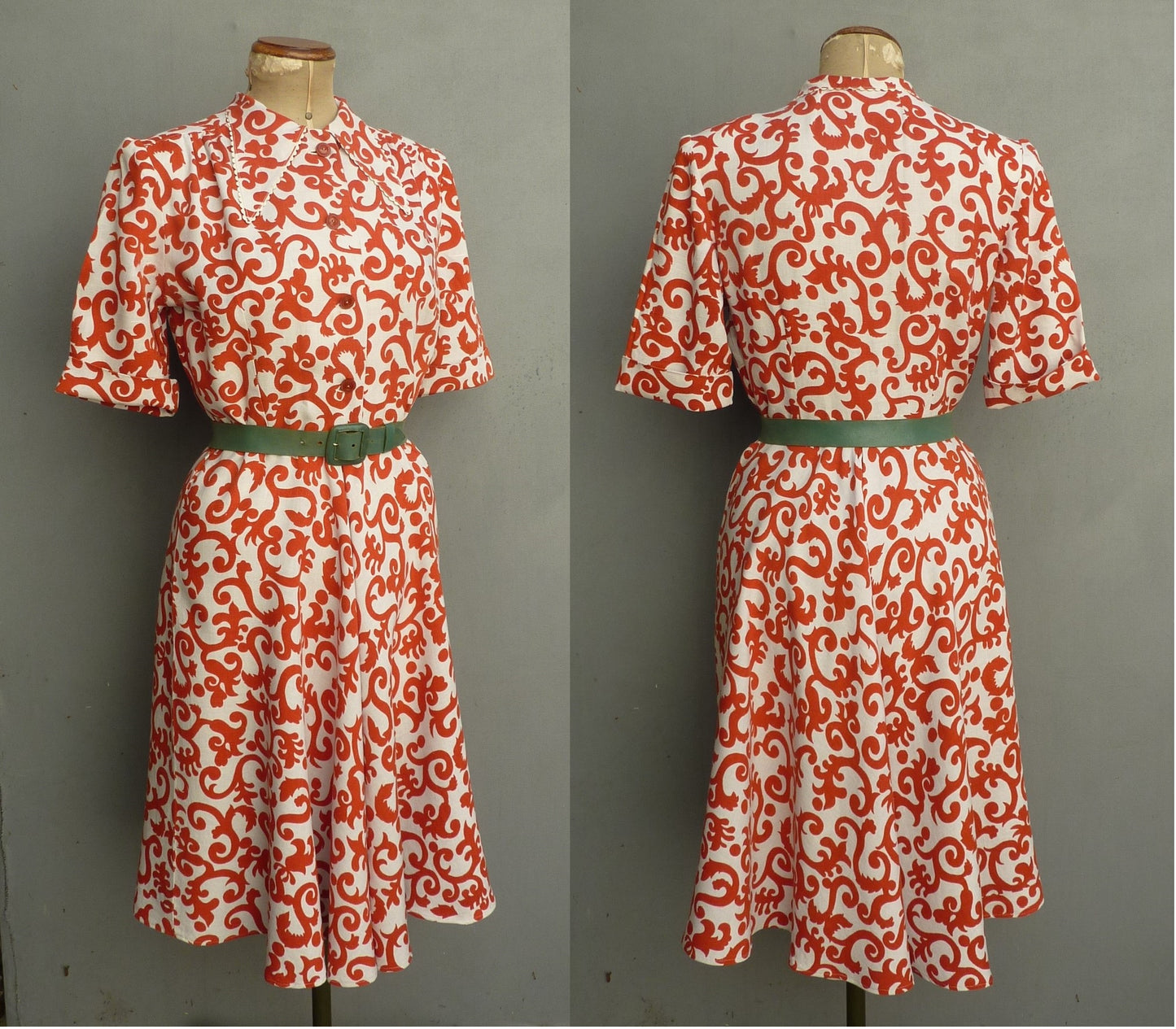 Vintage 1940s CC41 Shirtwaister Dress Orange White Novelty Print UK S/M