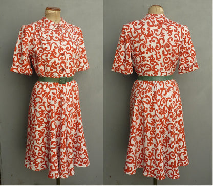 Vintage 1940s CC41 Shirtwaister Dress Orange White Novelty Print UK S/M