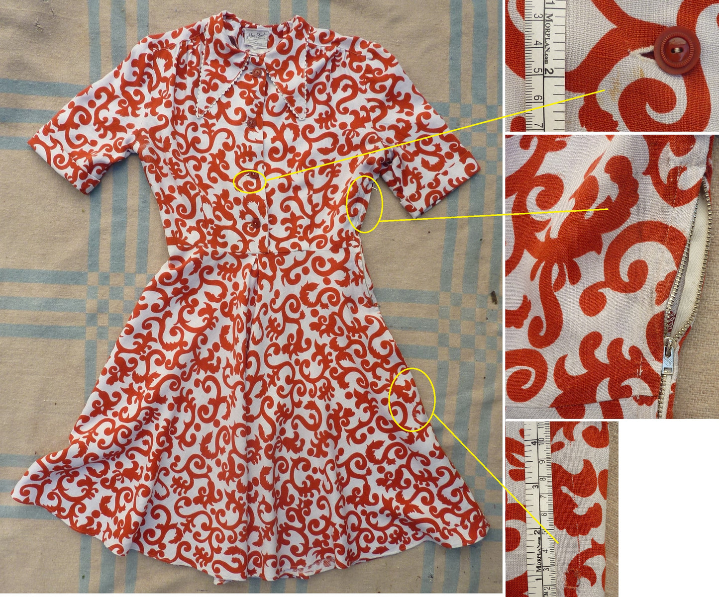 Vintage 1940s CC41 Shirtwaister Dress Orange White Novelty Print UK S/M