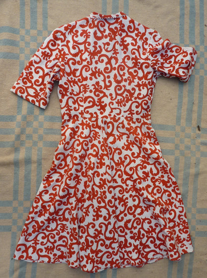 Vintage 1940s CC41 Shirtwaister Dress Orange White Novelty Print UK S/M