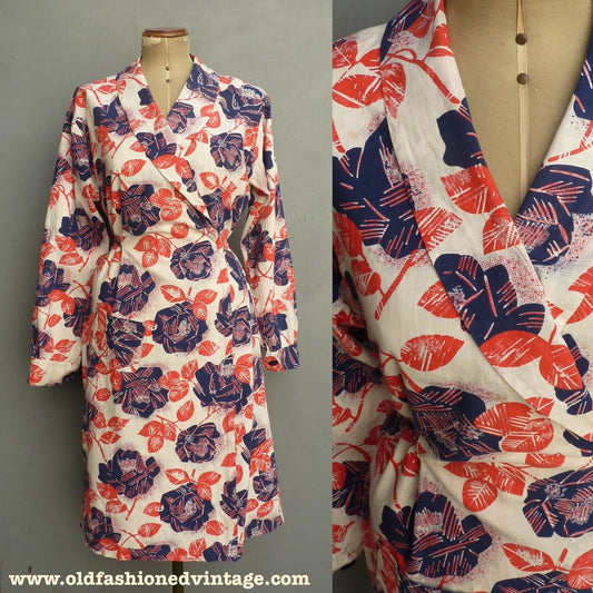 Vintage 1940s Wrap Overall Housecoat Dressing Gown Robe Novelty Rose Print UK L