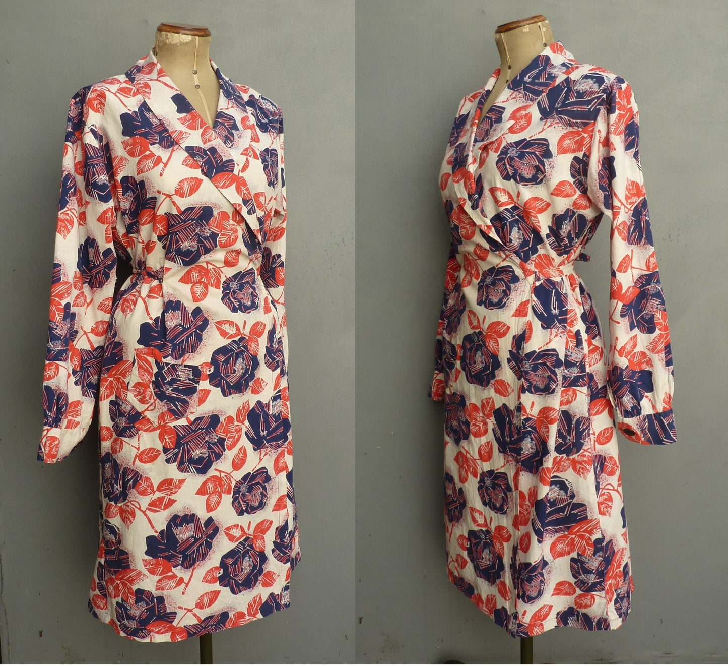 Vintage 1940s Wrap Overall Housecoat Dressing Gown Robe Novelty Rose Print UK L