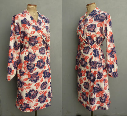 Vintage 1940s Wrap Overall Housecoat Dressing Gown Robe Novelty Rose Print UK L