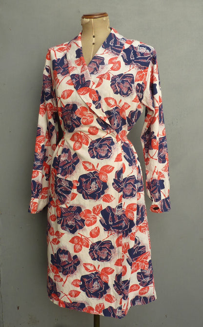 Vintage 1940s Wrap Overall Housecoat Dressing Gown Robe Novelty Rose Print UK L