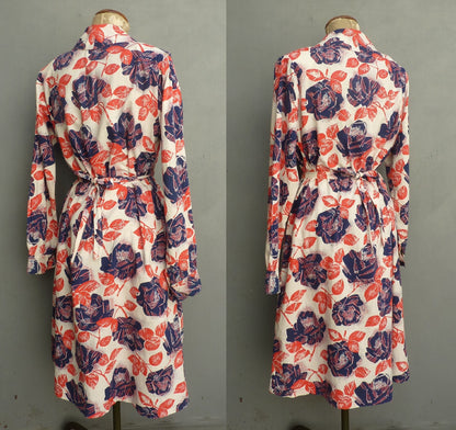 Vintage 1940s Wrap Overall Housecoat Dressing Gown Robe Novelty Rose Print UK L